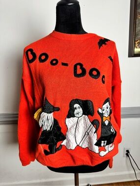 Bright Orange Crewneck Sweater with Halloween Character Appliqués
